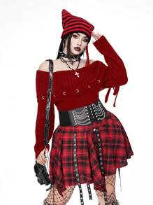 Flirla Plus Size Dark Punk Goth Style Black Metal Accent Lace-Up Off Shoulder Tight Knit Pullover Sweater Knit Pullover Fall Winter Sweater - Red - View 6