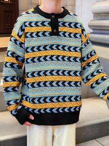 Manfinity Hypemode Heren Geometrisch patroon Knoop Halve Placket Drop Schouder Lange Mouw Casual Trui, Herfst/Winter