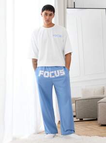 Manfinity VCAY 2 件套休闲字母图案印花针织宽松落肩圆领短袖 T 恤和高腰抽绳裤套装