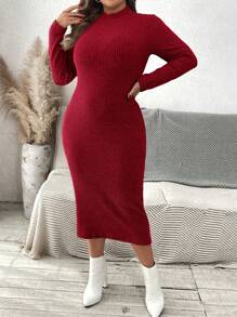 SHEIN VCAY Plus Size Solid Color Stand Collar Long Sleeve Slim Casual Dress