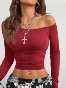 Coolane 女孩秋冬日常穿着必备针织弹力舒适不对称领口长袖上衣 - 酒紅色 - 查看 3