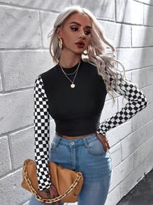 SHEIN Essnce Camiseta a cuadros de cuello alto - Negro - Ver 1