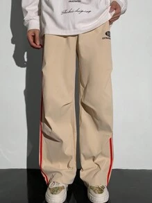 SHEIN Teen Boys Casual Loose Fit Khaki Pants With Oversized English Print, Sporty Street Stylish - Khaki - View 6