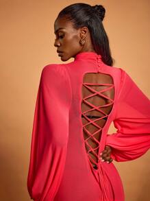 HEAVINZ LANE Vestido transparente con mangas de linterna con volantes, lazo en la espalda, diseñador, color rojo, para vacaciones, primavera y verano, festivales, Ibiza, baile de graduación - Rojo - Ver 6