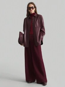 Ontre 2025 新款女式安哥拉红色纯色长袖 PU 皮革单排扣休闲衬衫夹克，适合情人节装扮，春季