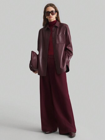 Ontre Chaqueta casual de camisa de manga larga de color rojo sólido de angora para mujer 2025, con cierre de un solo botonadura de cuero sintético, adecuada para el atuendo del Día de San Valentín, primavera