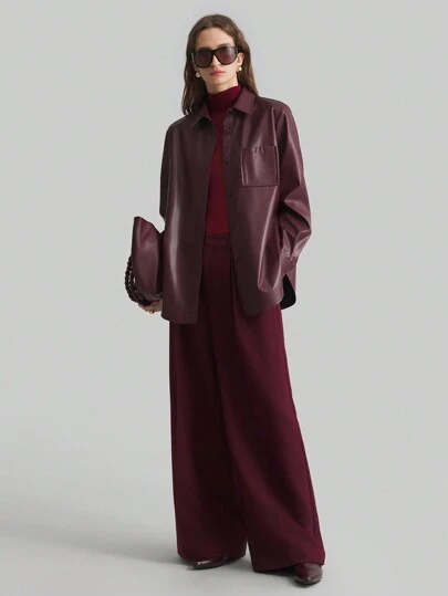 Ontre 2025 新款女式安哥拉红色纯色长袖 PU 皮革单排扣休闲衬衫夹克，适合情人节装扮，春季