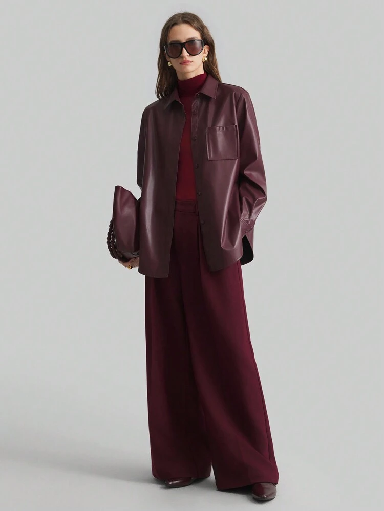 2026 SS New Women's Angola Red Solid Color Long Sleeve PU Leather Single-Breasted Casual Coat, Valentine's Day , Spring Women's Regular Coat