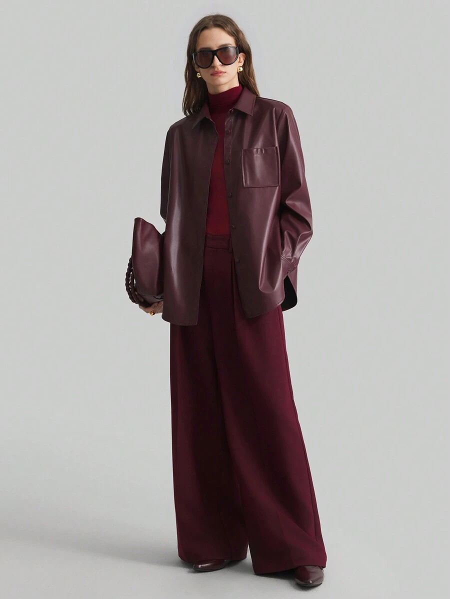 Ontre 2025 新款女式安哥拉红色纯色长袖 PU 皮革单排扣休闲衬衫夹克，适合情人节装扮，春季