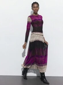 Maija Conjunto de dos piezas minimalista y elegante para mujeres con top de cuello redondo de manga larga con estampado de teñido anudado y falda de línea A, adecuado para fiestas, reuniones, Día de San Valentín, primavera/verano - Morado - Ver 3