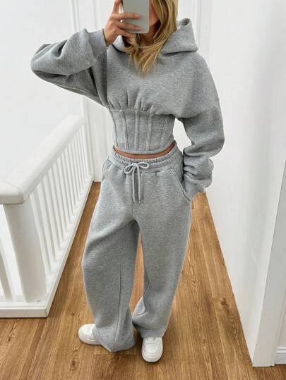 SHEIN Tall Tall Size Women's Fishbone Waist With Back Tie Detailed Sweatshirt And Trousers Two Pieces Set Two Piece Set Women Comfy