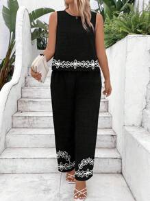 SHEIN LUNE Women's Plus-Size Woven Print Casual Summer Two-Piece Set - Black - View 7