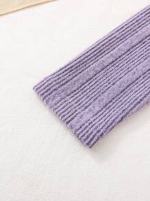 SHEIN 2 件套年轻女孩紫色纯色罗纹贴袋长袖上衣和裤子舒适睡衣 - 紫色 - 查看 3