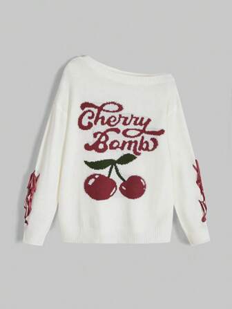 Kawaii كنزة صوفية فضفاضة محبوكة ذات كتف مائل مزينة بعقدة وشعار أنثوي جميل و الكرز