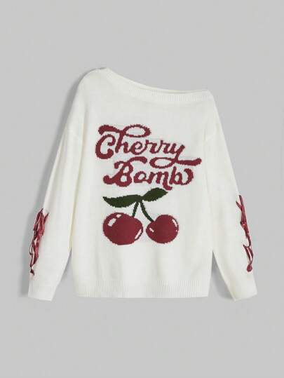Kawaii Suéter holgado de punto con estampado de lazo, eslogan y cereza, de hombros sueltos y oblicuos, para niña