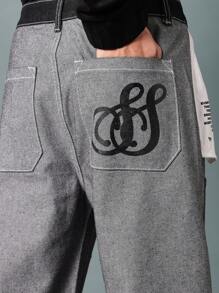 SUMWON Loose Fit Carpenter Panel Jean With Turn Back, Contrast Stitch & Graphic Print - Black - View 8