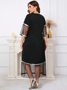 Gownix Plus Size Women Elegant Mesh Patchwork Sequin Embellished Dress - Black - View 2