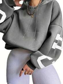 INAWLY 女款大尺碼字母印花連帽落肩運動衫 - 灰色 - 查看 2