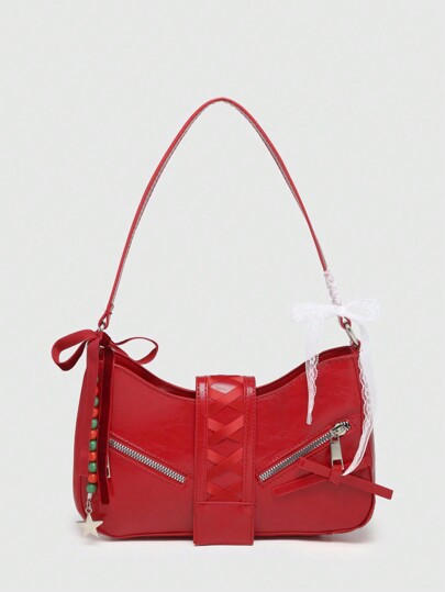 Goth Bolso de hombro/axila con estilo de ballet vintage, decoración de lazo, cadena y encaje con perlas, en forma de luna creciente