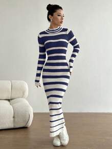 Flirla Casual Versatile Color Block Striped Long Sweater Dress