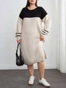 RueChic Autumn-Winter Casual Color Block Striped Knit Sweater Dress - Multicolor - View 5