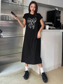 DAZY Women Bow Print T-Shirt Midi Dress Sundress,Casual Women Dresses