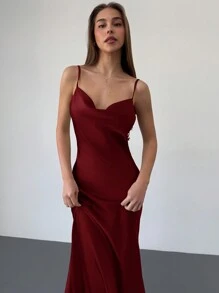 Aloruh 女士优雅露背花卉装饰垂褶缎面红色酒红色露背连衣裙 - 紅色 - 查看 6