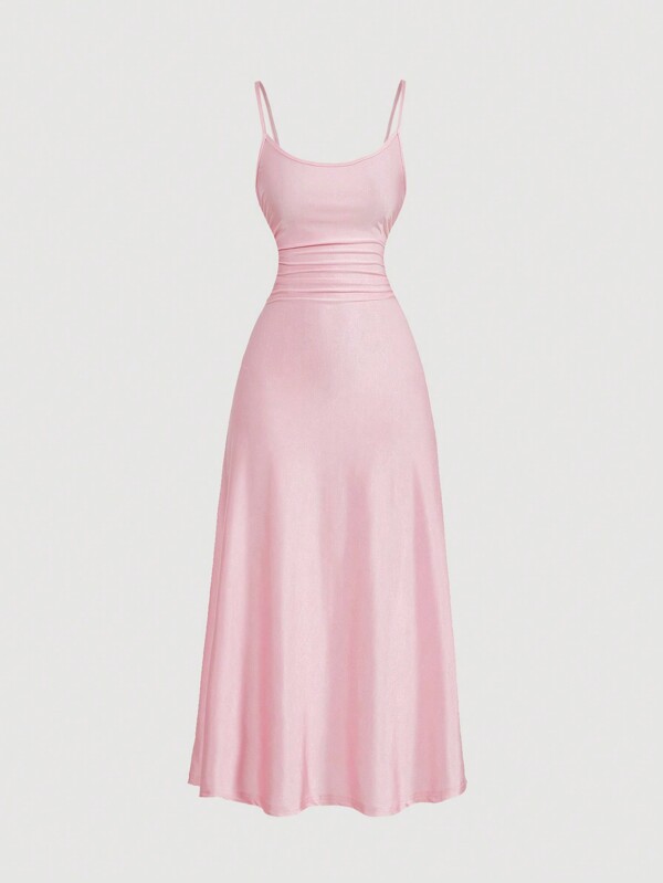 SHEIN MOD Ruched Waist Flared Hem Spaghetti Strap Dress,Pastel Dresses For Women