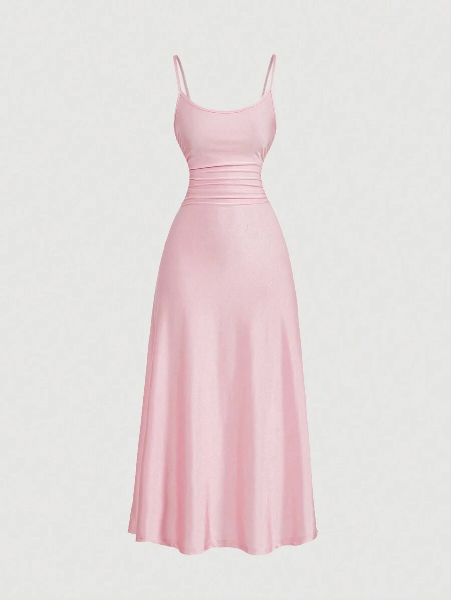SHEIN MOD Ruched Waist Flared Hem Spaghetti Strap Dress,Pastel Dresses For Women - Baby Pink - View 1