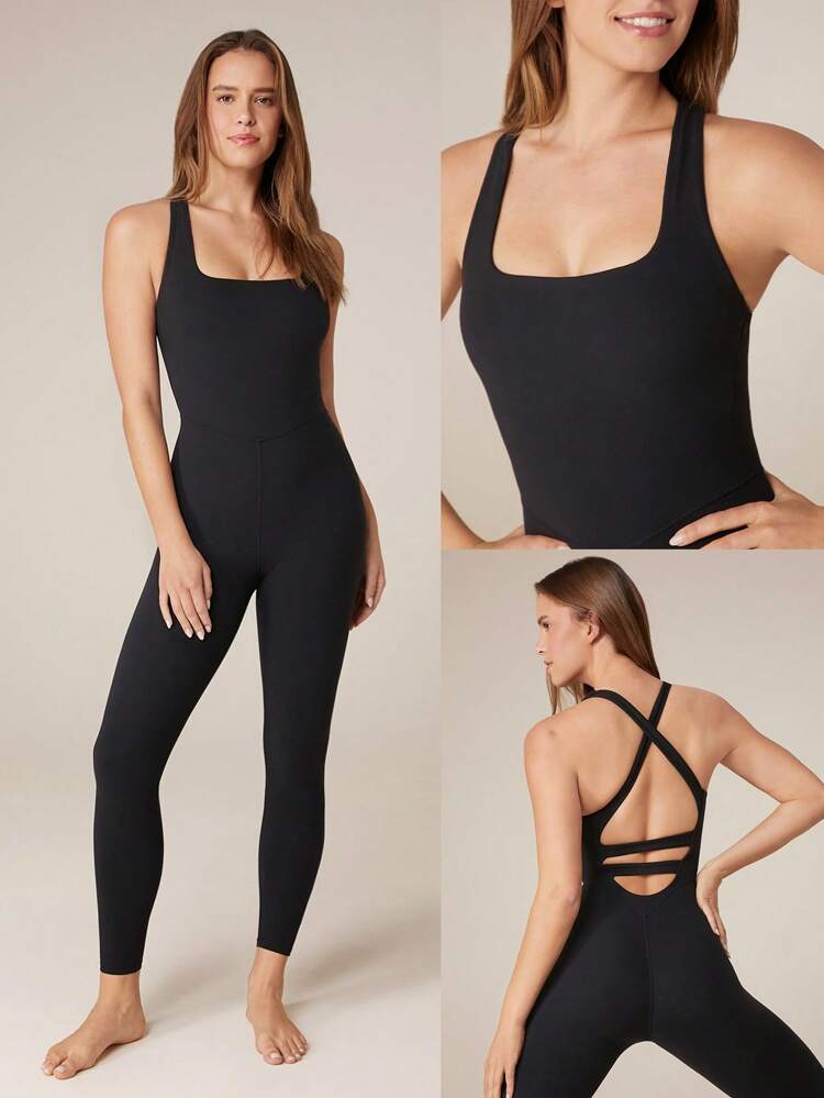FeatherFit™ 26'' Scoop Neck Crisscross Back Jumpsuit Low Impact Yoga Pilates Studio