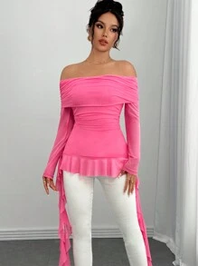 Chiquease Fashionable Sexy Off-Shoulder Long Sleeve Asymmetrical Ribbon Detail Tee - Pink - View 5