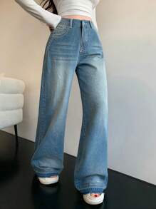 SHEIN MOD MOD Women's Casual Skinny Straight Leg Jeans, Blue Baggy Women Jeans,Baggy Jeans,Y2k Clothes,Stacked Women Jeans,Blue Jeans,Wide Leg Pants