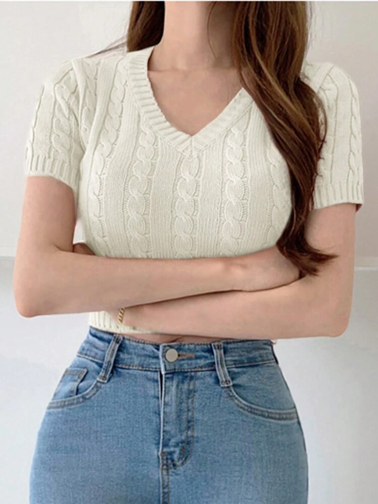 Women V-Neck Cropped Short Sleeve Textured Knit Sweater, Spring/Summer