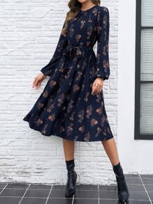 SHEIN Clasi Vestido casual de mujer de manga larga y cuello redondo con estampado total, versátil para otoño/invierno