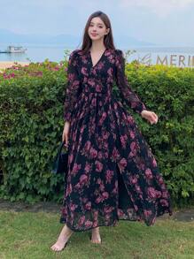 DAZY Women's Floral Print Long Sleeve Mid-Length Vacation Dress, Spring/Fall Boho - Black - View 3