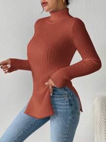 SHEIN Frenchy Solid Color High Neck Side Slit Fitted Sweater, Casual Autumn/Winter Christmas New Year Red Burgundy - Burgundy - View 3
