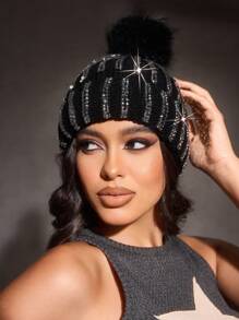 SHEIN ICON 时尚秋冬休闲保暖女士针织帽 - 黑色 - 查看 2