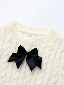 Gaun Sweater Rajut Kasual Sederhana Lengan Panjang Leher Bulat dengan Hiasan Pita untuk Anak Perempuan Remaja - Putih - View 6