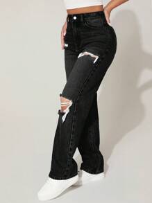 Slaydiva 拉绒面料保暖高腰破洞直筒蓝色牛仔裤 - 黑色 - 查看 2