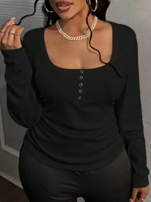 SHEIN PETITE CURVE 大码休闲方领长袖褶饰腰部衬衫 - 黑色 - 查看 6