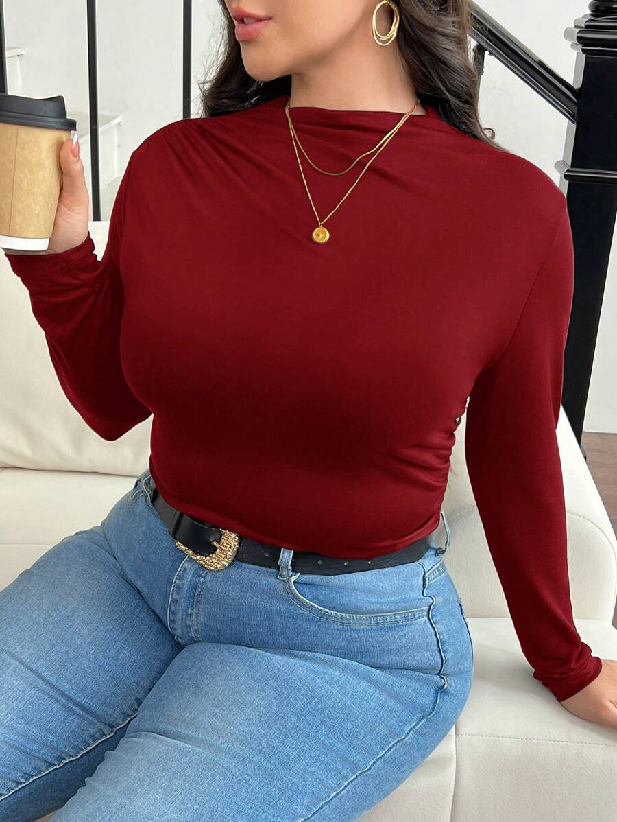 SHEIN Frenchy Plus Size Mock Neck Ruched Slim Fit Tee - Red - View 1