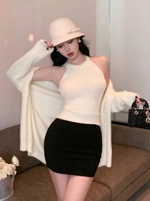 DAZY 2pcs Set: Solid Color Bodycon Tank Top And Loose Cardigan For Women,Fall Clothes Women Sweater - Beige - View 5