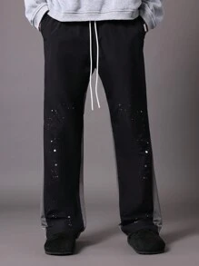 SUMWON Flare Fit Colour Block Panel Nylon Pants With Paint Splatter - Black - View 2