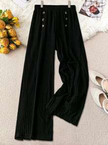 Plus Size Women Corduroy Loose Elastic Waist Button Palazzo Pants, Autumn/Winter Fall Cloth For Women - Black - View 1