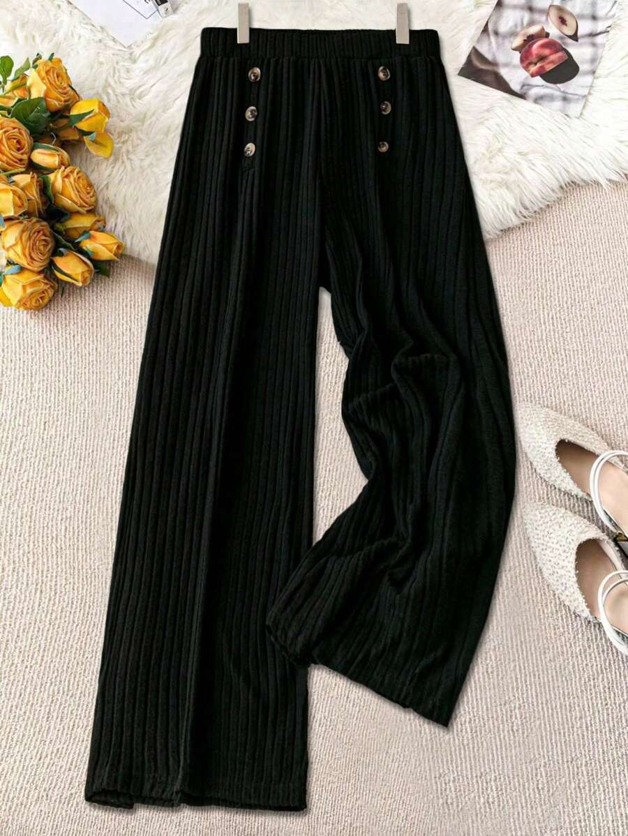 Plus Size Women Corduroy Loose Elastic Waist Button Palazzo Pants, Autumn/Winter Fall Cloth For Women - Black - View 1