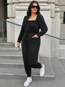 SHEIN LUNE Plus Size Women Square Neck Long Sleeve Pocketed Casual Black Jumpsuit Valentine's Day Summer - Black - View 5