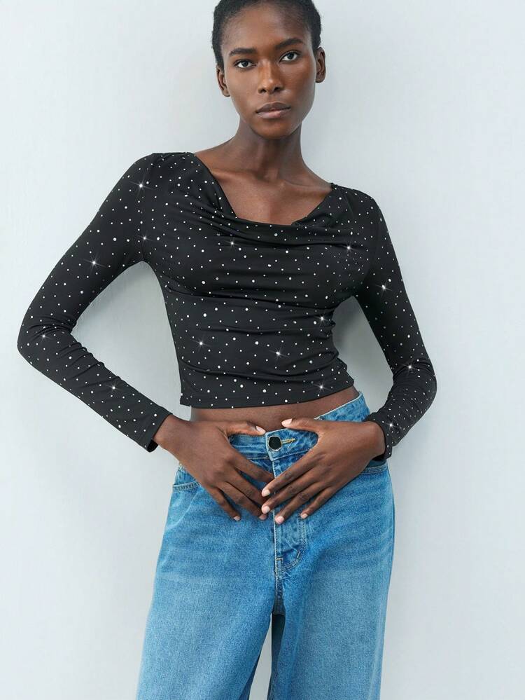 SHEIN Maija Fashionable Sequin Decor Draped Neck Cropped Top Valentine's Day
