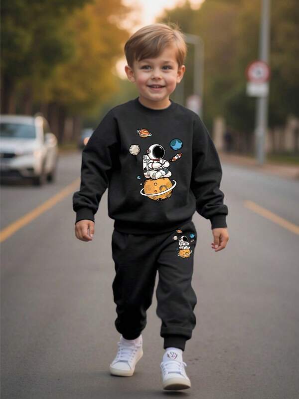 GraphicGems Conjunto de 2 piezas informal de sudadera de cuello redondo de manga larga con estampado de astronauta y pantalón de chándal para niño, para otoño/invierno