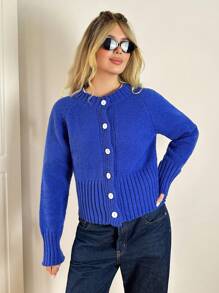 Forever 21 Autumn/Winter New Round Neck Blue Long Sleeve Knitted Warm Cardigan, Suitable For Christmas And Back To School