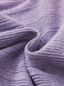 SHEIN 2 件套年轻女孩紫色纯色罗纹贴袋长袖上衣和裤子舒适睡衣 - 紫色 - 查看 5